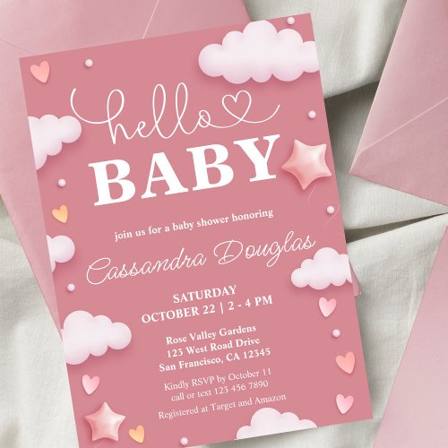 Hello Baby Pink Clouds Modern Baby Shower Invitation