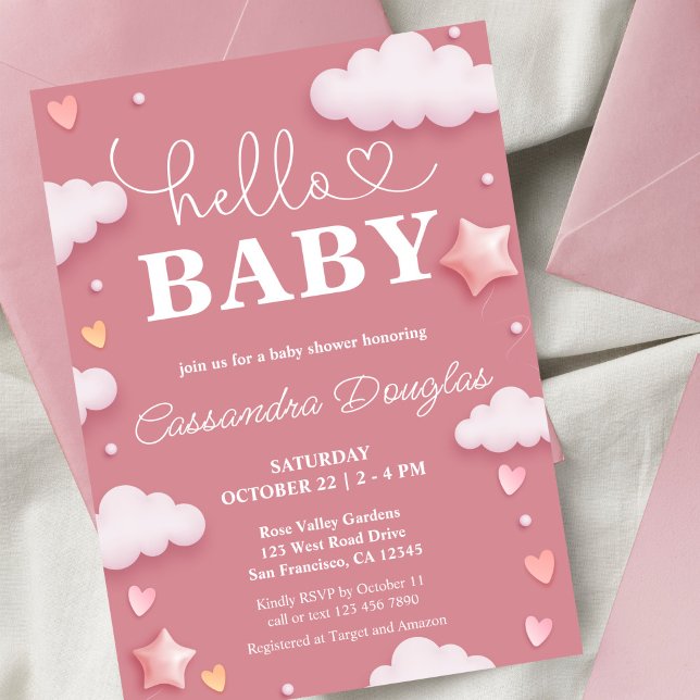 Hello Baby Pink Clouds Modern Baby Shower Invitation (Creator Uploaded)