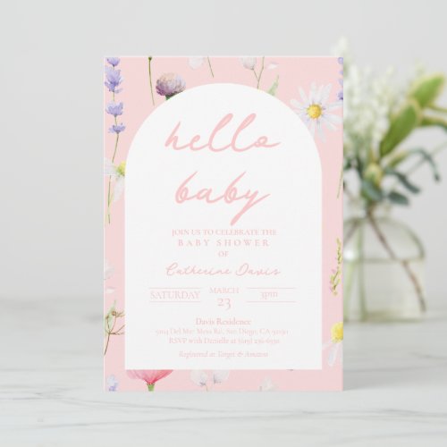 Hello Baby Pink Floral Girl Baby Shower Invitation