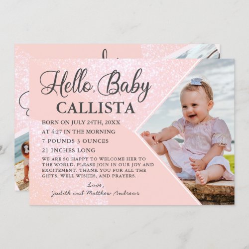 Hello Baby Pink Glitter Geometric Photo Birth Invitation