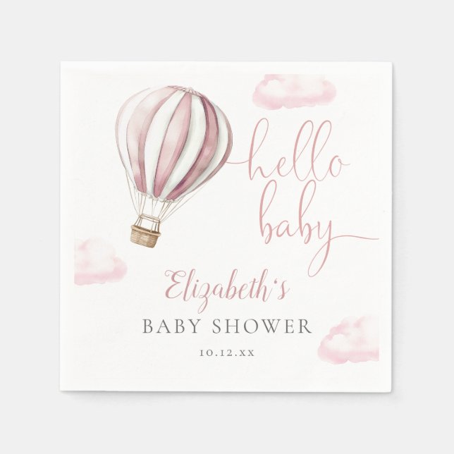 Hello Baby Pink Hot Air Balloon Baby Shower Napkins (Front)