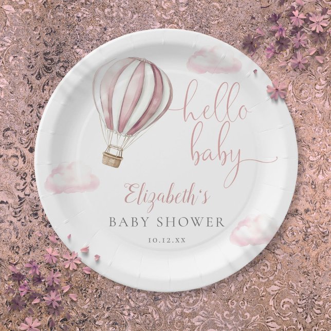 Hello Baby Pink Hot Air Balloon Baby Shower Paper Plates (Hello Baby Pink Hot Air Balloon Baby Shower Paper Plates)