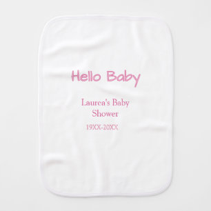 hello baby pink pastel baby shower name date trend burp cloth