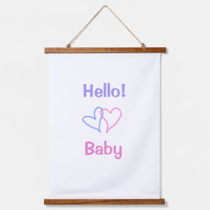 Hello baby pink purple heart name watercolor boho hanging tapestry