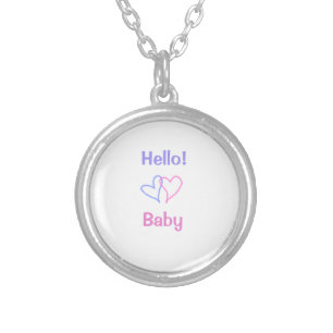 Hello baby pink purple heart name watercolor boho silver plated necklace