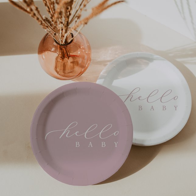 Hello Baby Pink Script Minimalist Baby Shower Paper Plates (Creator Uploaded)