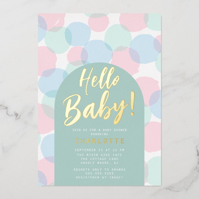 Hello Baby Polka Dots Baby Shower Foil Invitation (Front)
