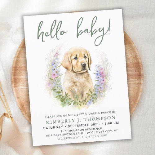 Hello Baby Puppy Dog Modern Sage Green Baby Shower Invitation Postcard