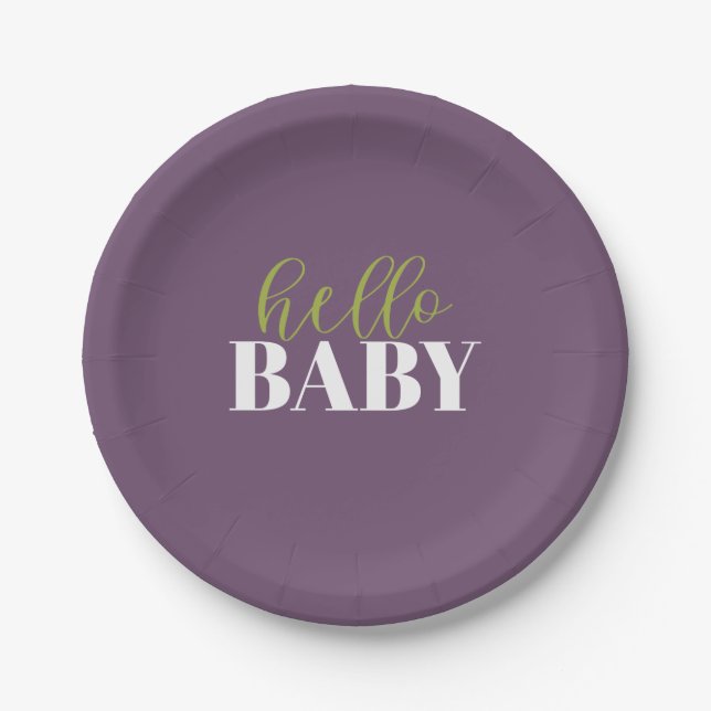Hello Baby | Purple and Green Baby Shower Paper Plates (Front)