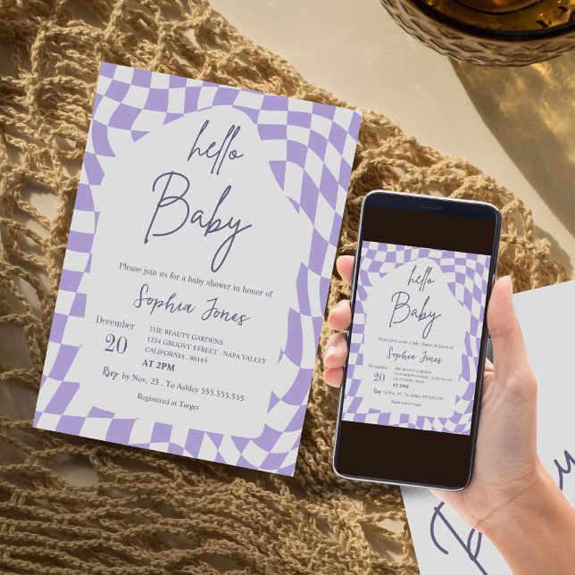Hello Baby Purple Checkered Gingham | baby shower Invitation (Creator Uploaded)