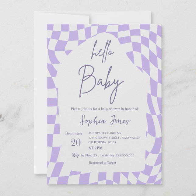 Hello Baby Purple Checkered Gingham | baby shower Invitation (Front)