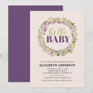 Hello Baby Purple Wreath Baby Shower Invitation