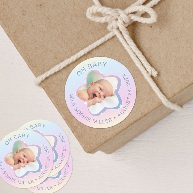 Hello Baby Rainbow and Star Custom Photo Classic Round Sticker (Creator Uploaded)