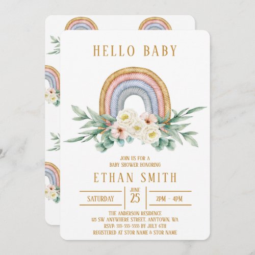 Hello Baby Rainbow Floral Watercolor Baby Shower Invitation