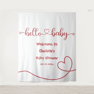 Hello Baby Red Heart Minimal Baby Shower Backdrop