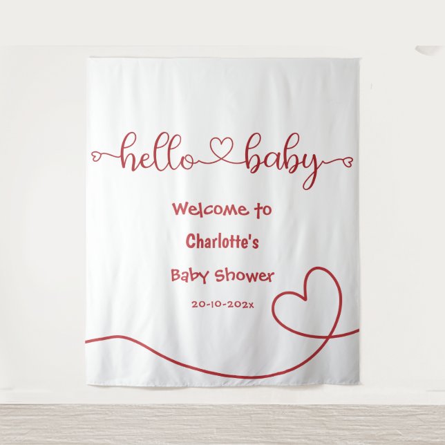 Hello Baby Red Heart Minimal Baby Shower Backdrop (Front)