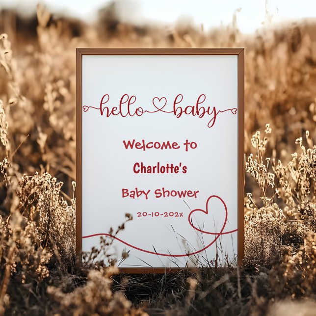 Hello Baby Red Heart Minimal Baby Shower Welcome Poster (Creator Uploaded)