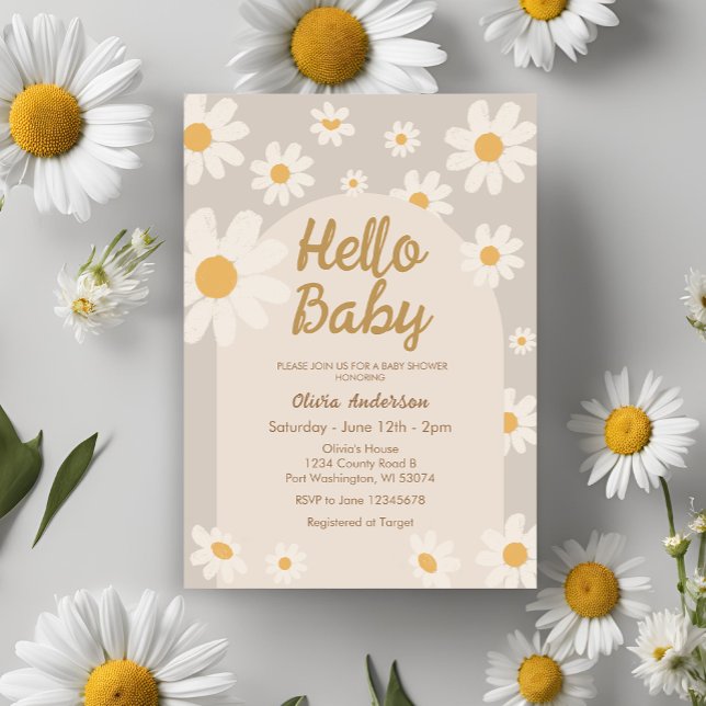 Hello Baby Retro Boho Daisy Baby Shower Invitation (Creator Uploaded)