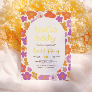 Hello Baby Retro Daisy Gold Pressed Baby Shower Foil Invitation