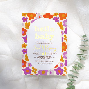 Hello Baby Retro Daisy Gold Pressed Baby Shower Foil Invitation