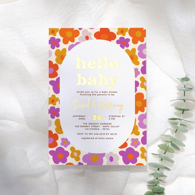 Hello Baby Retro Daisy Gold Pressed Baby Shower Foil Invitation (Creator Uploaded)