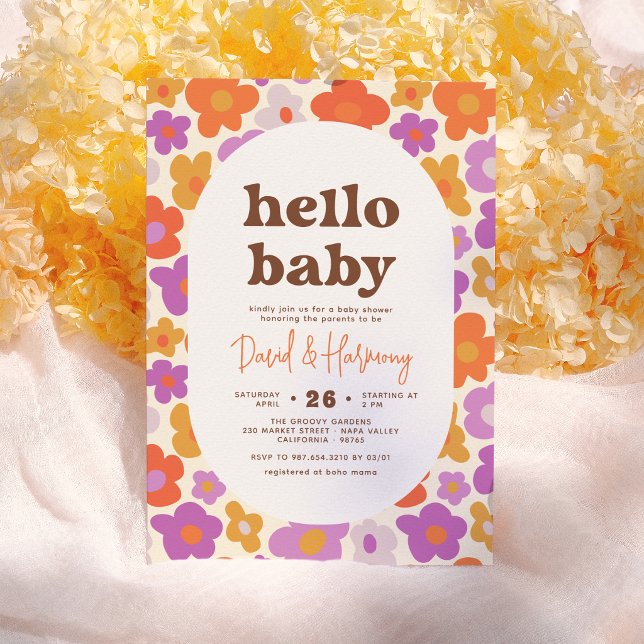 Hello Baby Retro Daisy Orange & Purple Baby Shower Invitation (Creator Uploaded)
