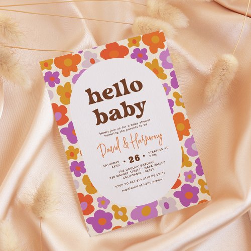 Hello Baby Retro Daisy Orange  Purple Baby Shower Invitation