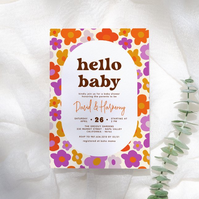 Hello Baby Retro Daisy Orange & Purple Baby Shower Invitation (Creator Uploaded)