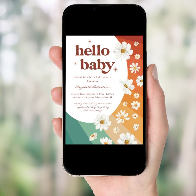 Hello Baby | Retro Daisy Rainbow Baby Shower Invitation (Front Digital)