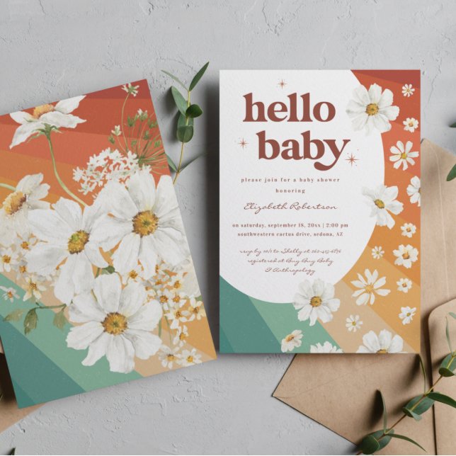 Hello Baby | Retro Daisy Rainbow Baby Shower Invitation