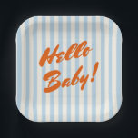 Hello Baby Retro Orange Blue Stripes Baby Shower Paper Plates<br><div class="desc">Hello Baby Retro Orange Blue Stripes Baby Shower Paper Plates</div>