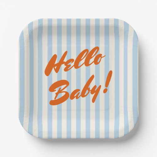 Hello Baby Retro Orange Blue Stripes Baby Shower Paper Plates