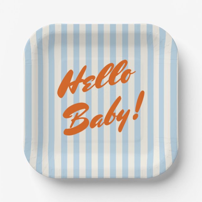 Hello Baby Retro Orange Blue Stripes Baby Shower Paper Plates (Front)