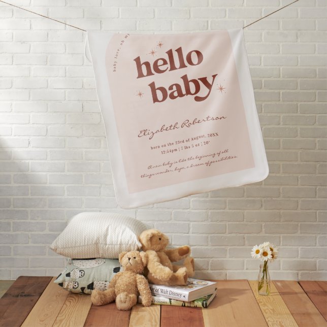 Hello Baby | Retro Pink & Terracotta Birth Stats  Baby Blanket (In Situ)