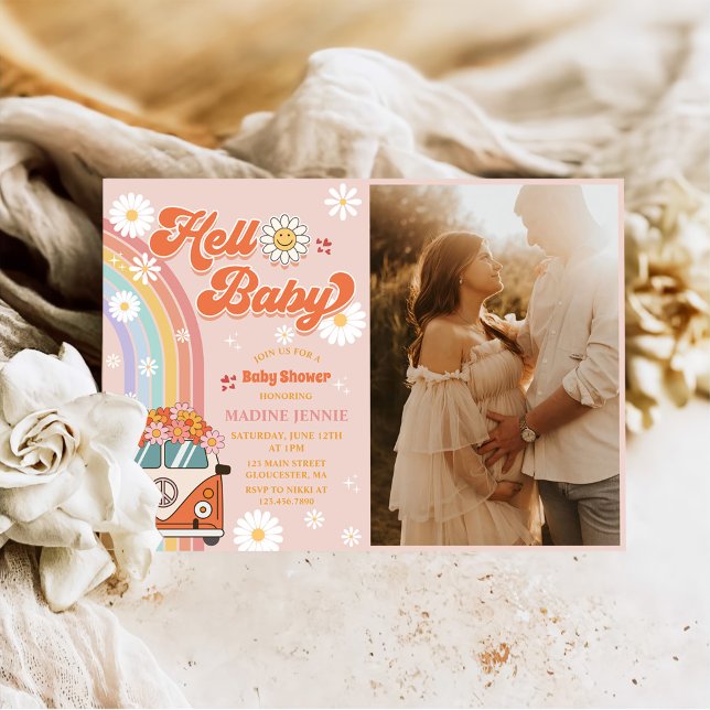 Hello Baby Retro Rainbow Baby Shower Party Photo Invitation (Creator Uploaded)