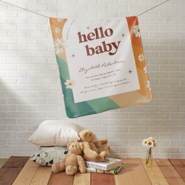Hello Baby | Retro Rainbow Daisy Birth Stats  Baby Blanket (In Situ)
