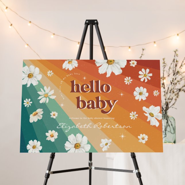 Hello Baby | Retro Rainbow Daisy Welcome  Foam Board (In Situ (Stand))