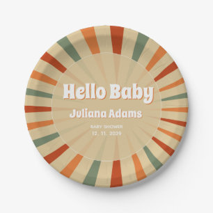 Hello Baby Retro Sage Green Orange Baby Shower Paper Plates