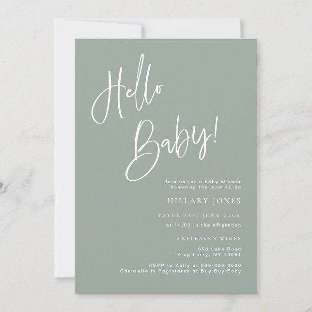 Hello Baby Sage Blue/Green Baby Shower Invitation (Front)