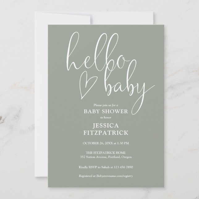 Hello Baby Sage Green Gender Neutral Baby Shower Invitation (Front)