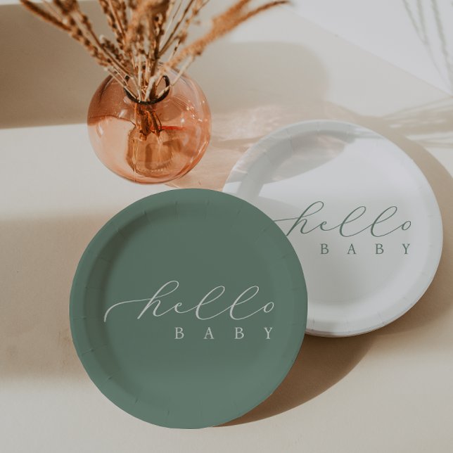 Hello Baby Sage Script Minimalist Baby Shower Paper Plates (Creator Uploaded)