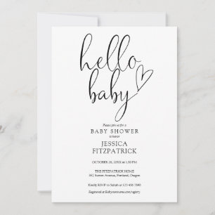 Hello Baby Script Black And White Baby Shower Invitation