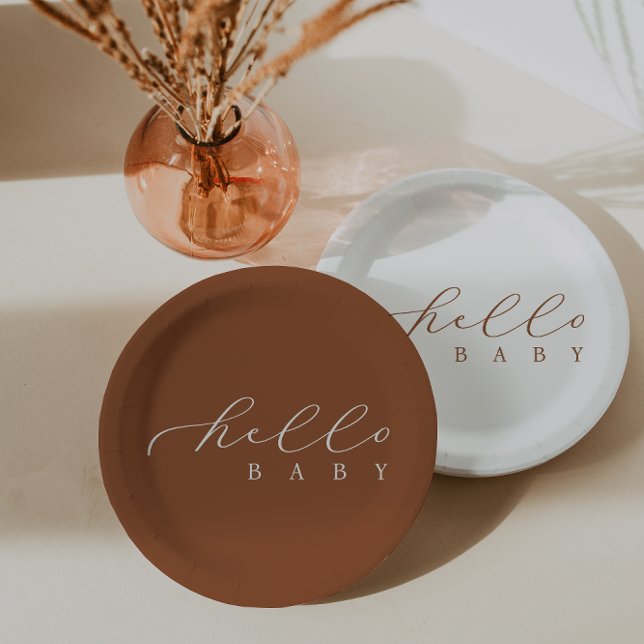 Hello Baby Script Minimalist Baby Shower Paper Plates (Creator Uploaded)