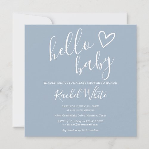 Hello Baby Shower Baby Boy Dusty Blue Cute Heart Invitation