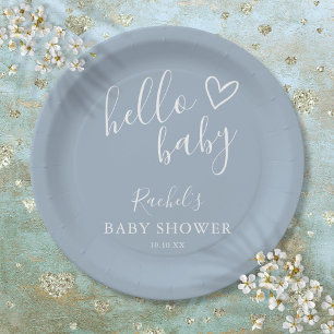 Hello Baby Shower Baby Boy Dusty Blue Cute Heart Paper Plates