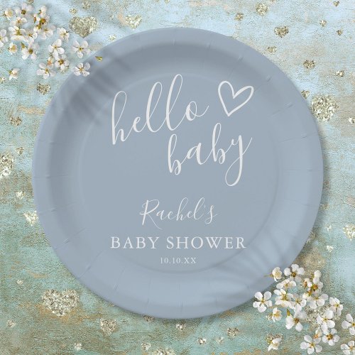 Hello Baby Shower Baby Boy Dusty Blue Cute Heart Paper Plates