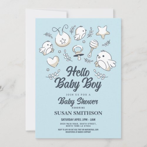 Hello Baby Shower Boy Blue Birds Invitation