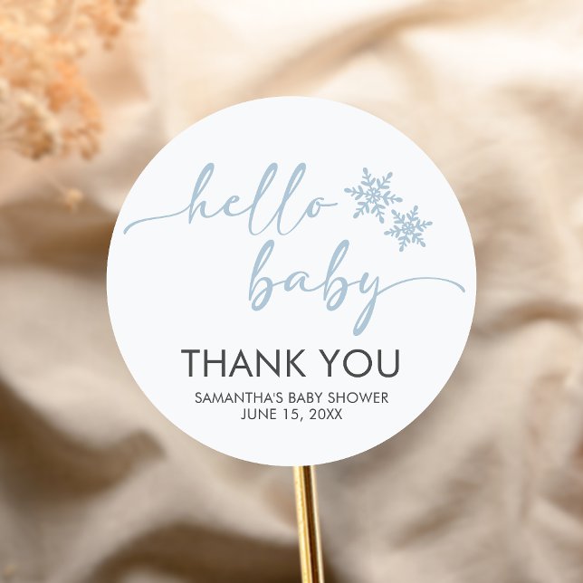 Hello Baby Shower Classic Round Sticker (Winter Baby Shower Sticker)