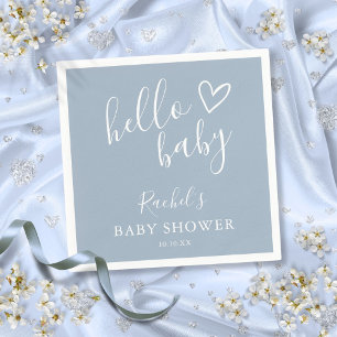 Hello Baby Shower Dusty Blue Baby Boy Cute Heart Napkins