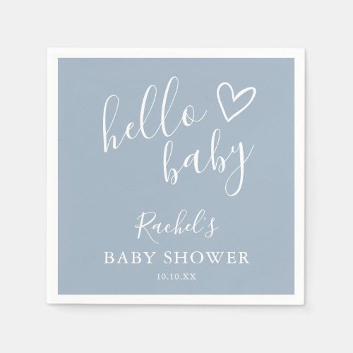Hello Baby Shower Dusty Blue Baby Boy Cute Heart Napkins
